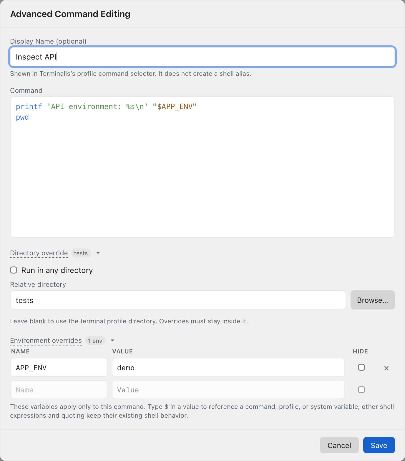 Inspect API in Advanced Command Editing with a two-line script, tests directory override, and APP_ENV set to demo.