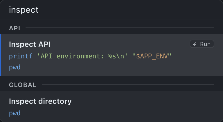 Command selector filtered by inspect, showing Inspect API under API and Inspect directory under Global.